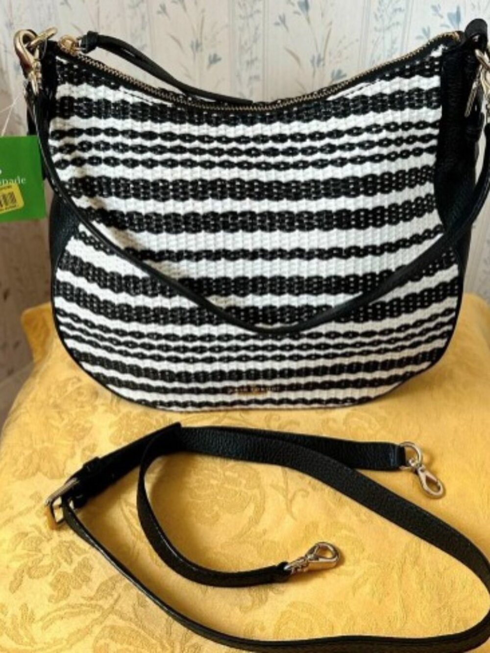 Kate Spade Black & White Straw Weave and Leather Bag - Storybook Lining NWT